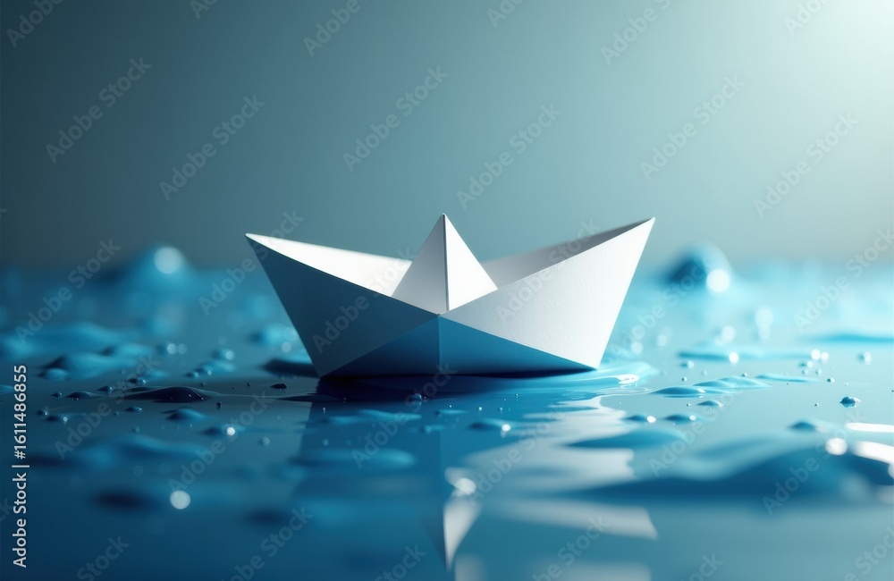 Aufkleber a paper boat floats on a calm water surface with a soft gradient background
