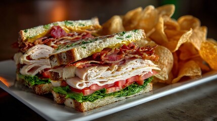 Club sandwich stacked with turkey bacon lettuce tomato and mayo served with kettle chips