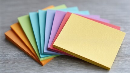 Colorful assortment of blank note cards in various hues on wooden surface.