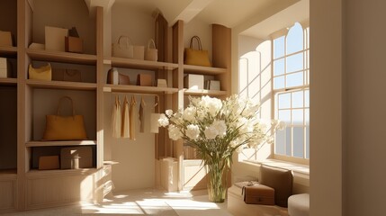 A sunlit, minimalist walk-in closet featuring wooden shelves with bags, hanging clothes, a large window, and a vase of white flowers on a table.