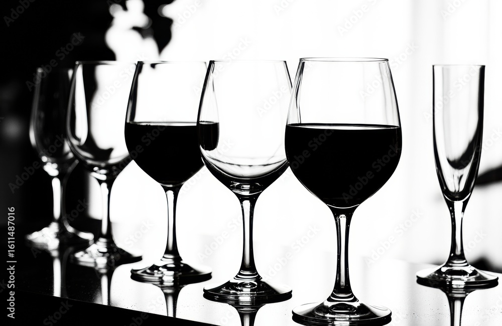 Poster six wine glasses filled with red wine arranged in a row on a reflective surface with a bright backgr