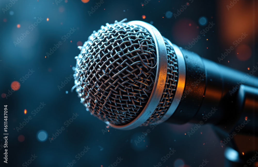 Poster close-up of a professional microphone with a blurred background and bokeh effect