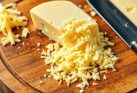 Close-up of grated Maasdam cheese on a wooden cutting board, grater and cheese knife nearby, maasdam cheese,  dairy - Powered by Adobe