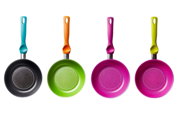Colorful frying pans kitchenware cooking tools vibrant colors