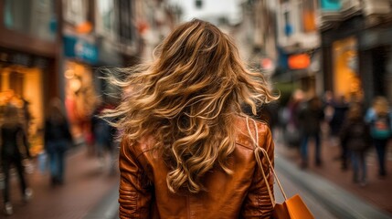 Obraz premium Woman with wavy hair wearing a brown leather jacket walks through a busy urban street filled with blurred pedestrians and shops.