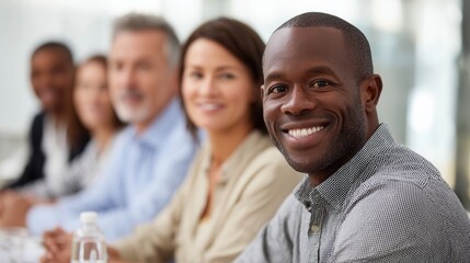 Diverse team meeting with smiling african male and asian female colleagues in conference room.