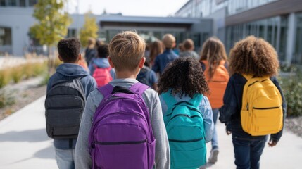 Obraz premium Diverse group of children walking to school with backpacks.