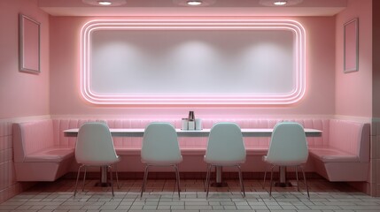 Retro Diner Interior Featuring a Glowing Pink Lightbox Sign With a Spacious Dining Area and Sleek Seating
