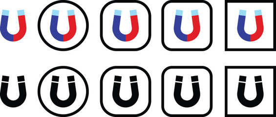 Magnet vector icon set, magnetic horseshoe symbol collection style group, electromagnet attraction force energy U shape silhouette bundle illustration