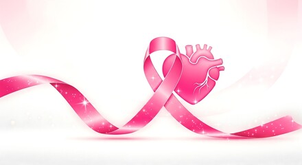 Pink ribbon heart symbolizing breast cancer awareness and heart health support.