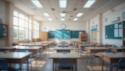 Spacious classrooms bathed in warm morning light, with neat wooden desks, large windows, green chalkboards, and a clean academic environment. Peaceful and ready to learn.