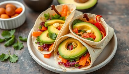 Colorful veggie wraps with creamy avocado slices, healthy school lunch, fresh, cucumber