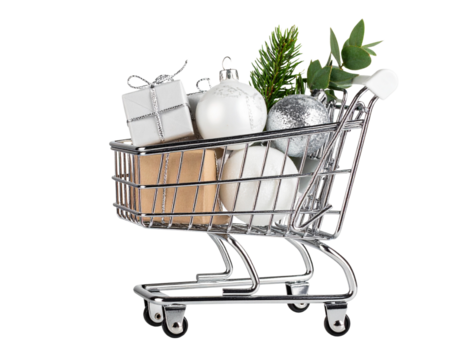 Modern Metal Holiday Cart with Minimal Ornaments and Wrapped Gifts, Transparent PNG - Powered by Adobe