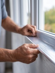 Naklejka premium Male installing window insulation with plastic film for better energy efficiency.