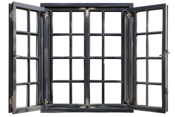 Dark gray window panes open wide inviting view