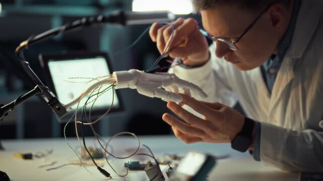 An engineer meticulously assembles a robotic hand prototype, connecting wires and testing mechanisms in a high-tech robotics lab