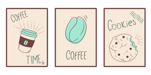 Posters with coffee, cookies and coffee beans. Paintings for interior design, for printing on clothing and more. Vector illustration