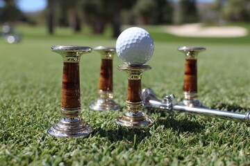 Golf ball perched on a decorative tee with luxury accessories on the course