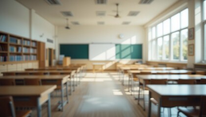 Spacious classrooms bathed in warm morning light, with neat wooden desks, large windows, green chalkboards, and a clean academic environment. Peaceful and ready to learn.