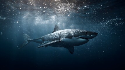 Fototapeta premium Silent Predator: An underwater portrait captures the grace and power of a great white shark as it glides through the deep blue, hinting at the mysteries and wonders of the ocean.
