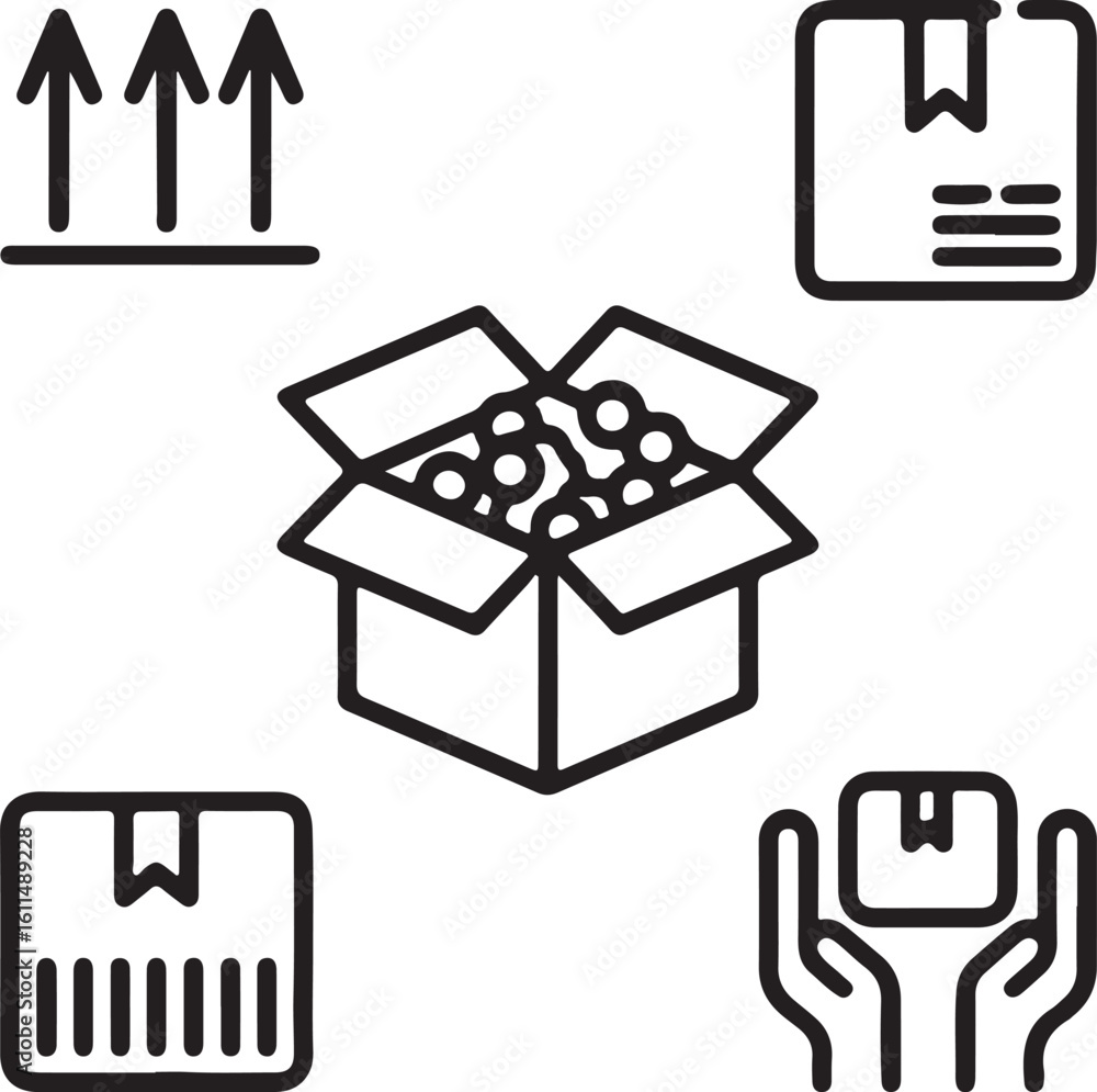 Poster shipping and handling icon set with open box arrows up and care symbols in a simple black and white 