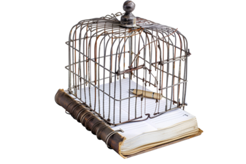 Rusty birdcage on open notebook pen inside