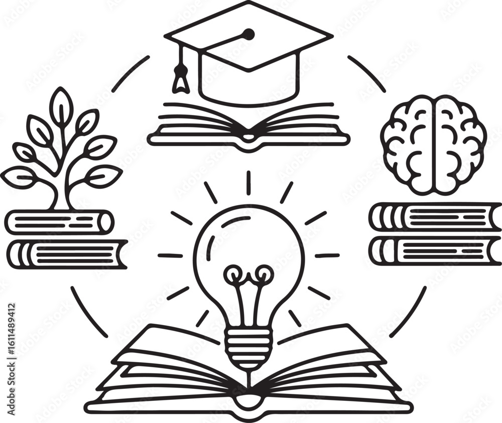 Aufkleber education and knowledge concept with books brain graduation cap lightbulb and tree representing lear