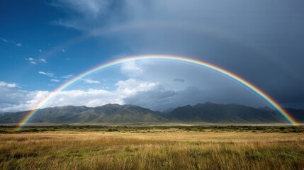 Vibrant rainbow arching over mountain range under expansive cloudy sky.