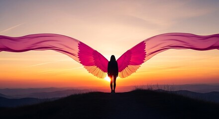 Silhouette of a woman with angel wings at sunset representing freedom and dreams