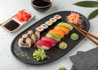 Assorted Sushi Platter with Nigiri and Maki Rolls on Elegant Black Plate