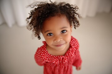 Sweet toddler with curly hair smiling charmingly, looking up at the camera.
