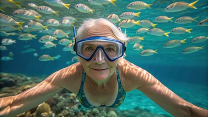 An elderly woman snorkeling underwater surrounded by colorful fish in a clear ocean environment.