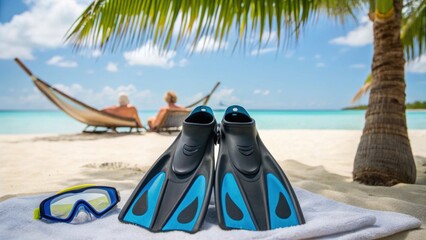 Beach scene with snorkeling gear in the foreground and two people relaxing on a hammock by the ocean, framed by palm trees and clear blue skies.