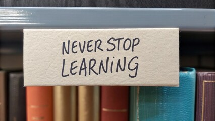 A label on a bookshelf reads "Never Stop Learning" with various colorful books in the background.