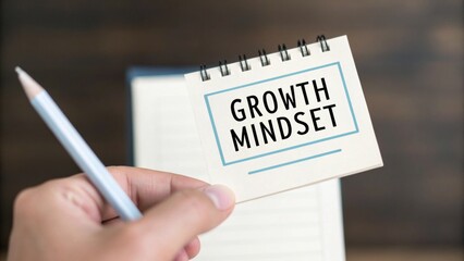 A hand holds a small card displaying "GROWTH MINDSET" in front of an open notebook and pencil, symbolizing learning and personal development.