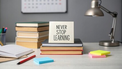 A study desk with stacked books, colorful sticky notes, a red pencil, and a motivational card reading "Never Stop Learning.