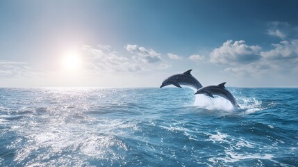Fototapeta premium Dolphins leaping in the ocean: A pair of playful dolphins leap joyfully from the ocean, their sleek bodies gleaming under the bright, expansive sky, representing freedom. 