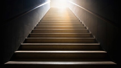 A dimly lit staircase leads upward to a bright light, symbolizing a journey from darkness to illumination or hope.