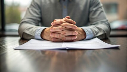 A person with folded hands sits at a table with paperwork, suggesting a formal or business setting.