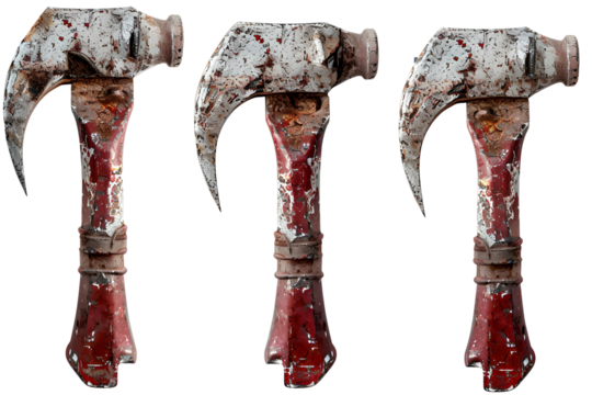 Three rusty red hammers isolated on black background