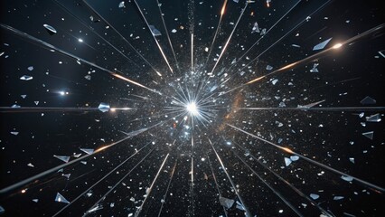 A dynamic explosion of light and shards radiating outward in a dark space, resembling a cosmic or particle burst.