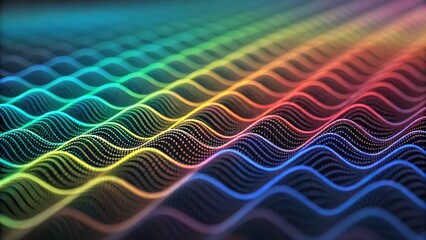 Colorful waves of light form a dynamic, flowing grid pattern with a digital and futuristic aesthetic.