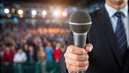 Close-up of a person in a suit holding a microphone, facing a blurred audience in a well-lit event or conference setting.