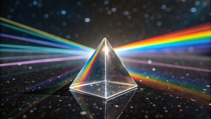 A clear glass prism disperses light into vibrant rainbow beams against a dark, star-speckled background.