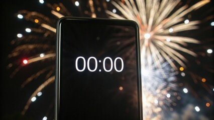 A smartphone displays 00:00 against a backdrop of colorful fireworks, symbolizing a countdown or celebration, likely marking the start of a new year or event.