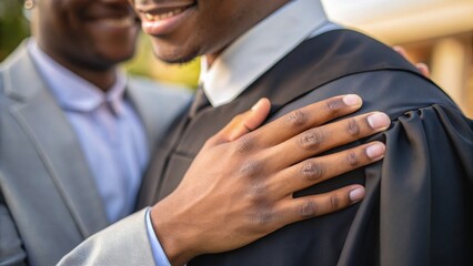 Two men celebrate a graduation moment, one wearing a cap and gown, while the other congratulates with a supportive hand on the shoulder.