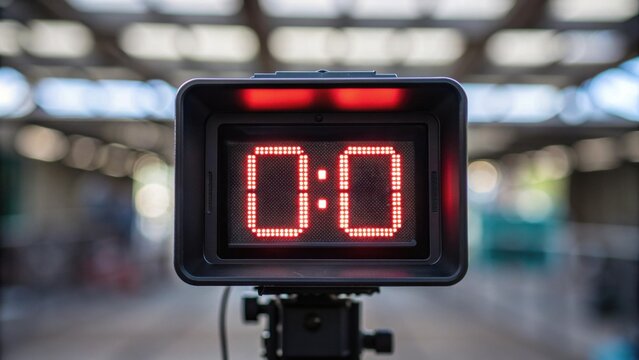 Digital scoreboard displaying a tied score of 0:0 in a blurred indoor sports setting.
