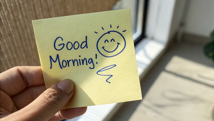 &ldquo;Good Morning!&rdquo; Handwritten Sticky Note with Smiling Sun Drawing &ndash; Positive Start to the Day