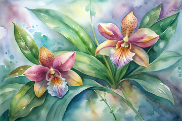 jungle orchids with watercolor tropical leaves