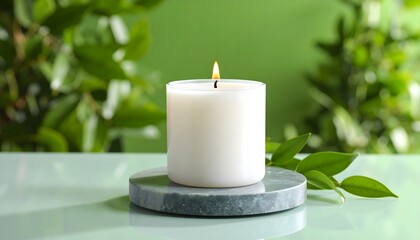 White Candle on Stone Coaster on Pastel Sage Tabletop with Calm Reflective Surface